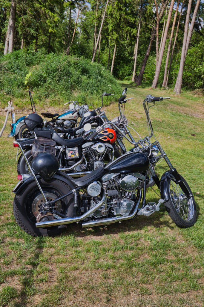 Drei Oldtimer-Motorräder mit individuell gestalteten Lenkern und Designs sind auf einer Wiese in einem Waldgebiet geparkt, mit Bäumen und Grünpflanzen im Hintergrund. Ein Motorrad hat einen schwarzen Helm auf dem Sitz liegen.
