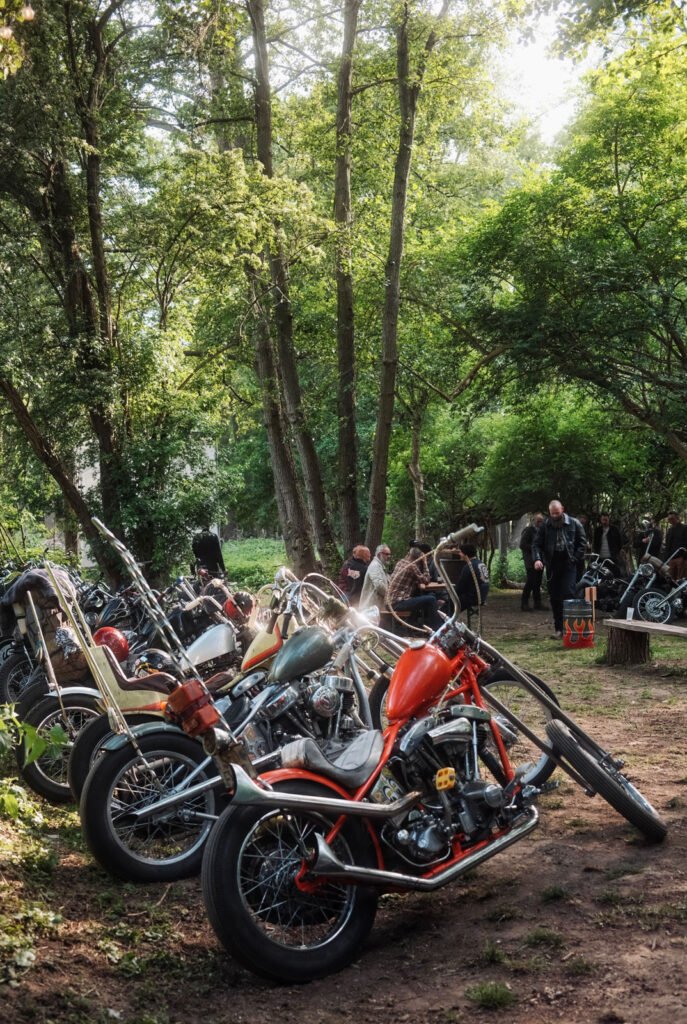 Eine Reihe von Custom-Motorrädern ist auf einem unbefestigten Weg in einem Waldgebiet geparkt, während im Hintergrund Menschen zwischen den Bäumen stehen und sich unterhalten. Das Sonnenlicht fällt durch die grünen Blätter über dem Kopf.