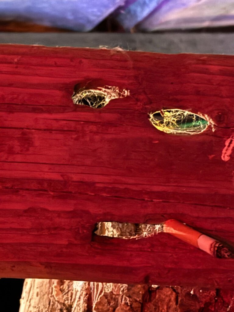 Nahaufnahme eines roten Holzbalkens mit zwei augenförmigen Löchern, die mit Gurtband gefüllt sind, und einer rechteckigen Lücke darunter, die einem Gesicht mit Mund ähnelt, sowie einem Bleistift, der teilweise in die untere Lücke eingeführt ist.